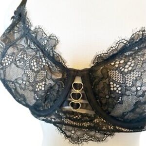 Cacique Lightly Lined French Balconette Black Lace Bra, Heart Detail, Size 42G.